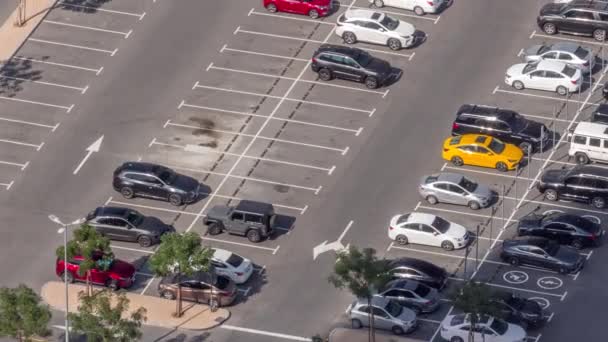 许多五颜六色的汽车停放在停车场上的空中景观 上面有线条和标记 标明了泊车位置和方向 — 图库视频影像