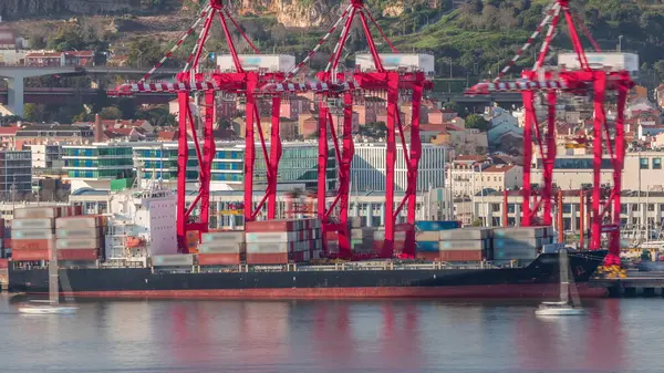 Carico Scarico Navi Portacontainer Timelapse Del Porto Marittimo Vista Aerea — Foto Stock