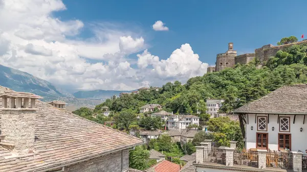 Panorama Showing Gjirokastra City Viewpoint Fortress Ottoman Castle Gjirokaster Timelapse — Stock Photo, Image