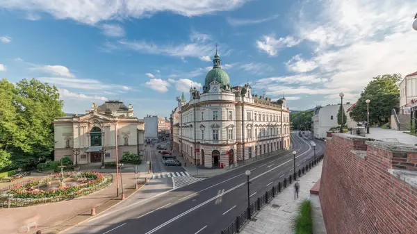 Panorama Divadelním Náměstím Hlavní Budovou Pošty Vzdušný Timelapse Polské Divadlo — Stock fotografie