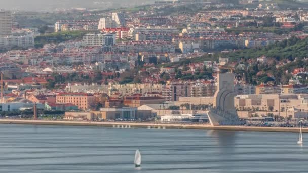 Padrao Dos Descobrimentos Monument Discoveries Aerial Timelapse Located Waterfront Northern — Stock Video