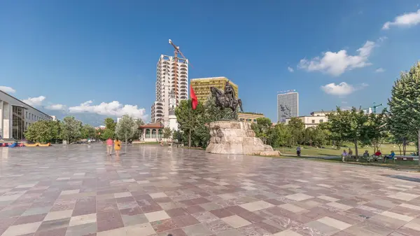 Panorama Mit Skanderbeg Denkmal Und Ethem Bey Moschee Mit Theater — Stockfoto