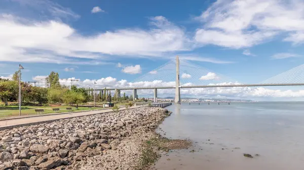 Panorama Showing Waterfront Vasco Gama Bridge Timelapse Cable Stayed Longest — Stock Photo, Image