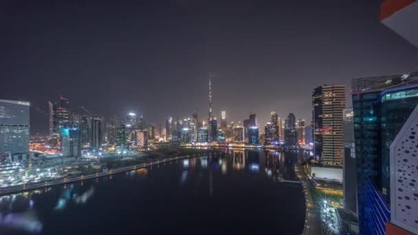 Flyg Panoramautsikt Över Dubai Business Bay Och Downtown Med Olika — Stockvideo