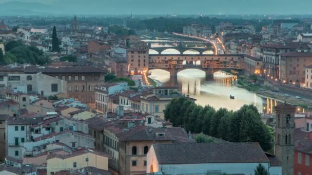 Skyline Aerial View Arno River Day Night Transition Timelapse Ponte — Stock Video