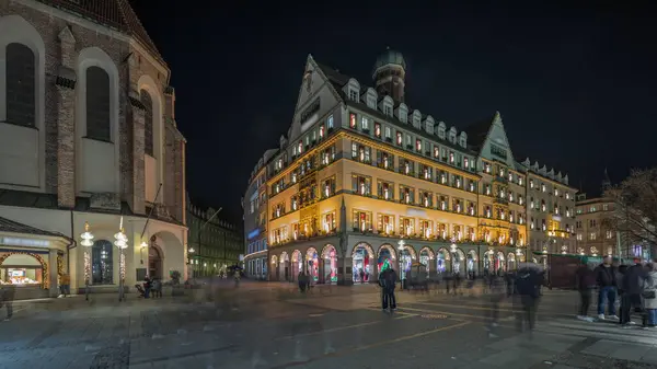 Kaufingerstrasse Nákupní Ulice Pěší Zóna Mnichově Blízkosti Marienplatz Noční Timelapse — Stock fotografie