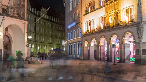 Kaufingerstrasse Shopping Street Pedestrian Zone Munich Downtown Marienplatz Night Timelapse — Stock Photo, Image