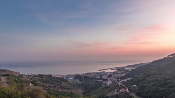 Панорама Повітряним Видом Місто Сезамбра Порт Денний Нічного Переходу Португалія — стокове відео