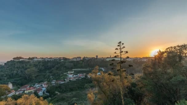 Panorama Mostrando Pôr Sol Sobre Castelo Almourol Colina Santarém Castelo — Vídeo de Stock