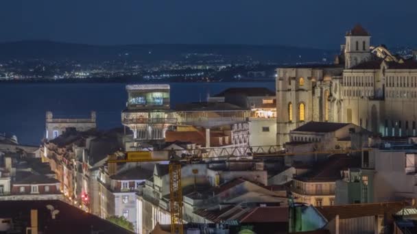 Lizbona Góry Nocy Timelapse Widok Oświetlonej Dzielnicy Baixa Santa Justa — Wideo stockowe