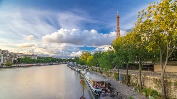 Torre Eiffel Con Barcos Timelapse Vespertino Hiperlapso París Francia Vista — Foto de Stock