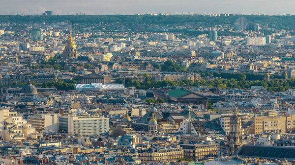 Panorama of Paris timelapse with Les Invalides dome, France. Aerial top view from Montmartre viewpoint. Sunny day