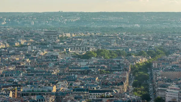 Panorama París Timelapse Con Arco Triunfal Callejón Con Árboles Verdes —  Fotos de Stock