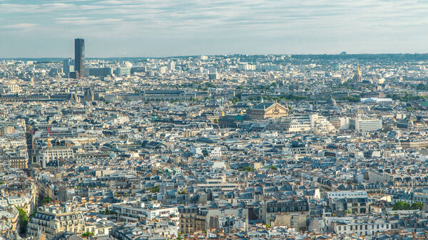 Panorama of Paris from above timelapse, France. Aerial top view with Garnier opera from Montmartre viewpoint. Sunny day