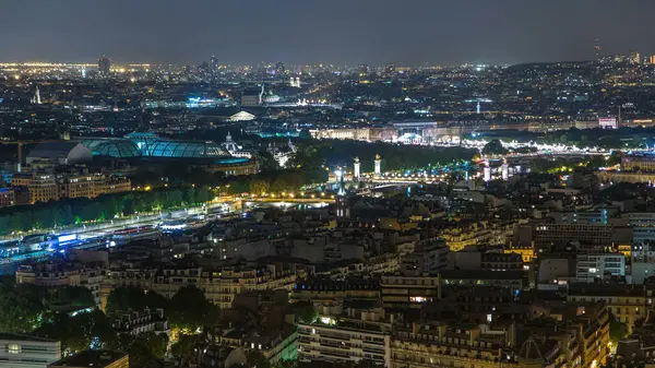 Flygfoto Natt Timelapse Utsikt Över Paris City Och Seine Floden — Stockfoto
