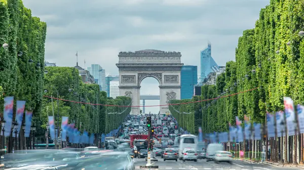 Arc Triomphe Viewed Champs Elysees Busy Traffic Street Timelapse Green — Stock Photo, Image