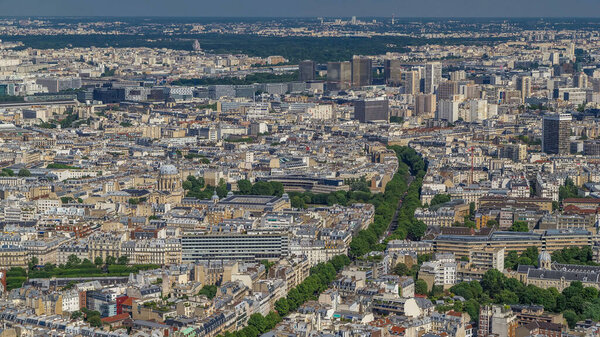Top view of Paris skyline with National Library of France from above timelapse. Main landmarks of european megapolis. Bird-eye view from observation deck of Montparnasse tower. Paris, France