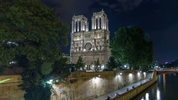 Night Overview Illuminated Notre Dame Paris Timelapse Hyperlapse France Aerial — Stock Photo, Image