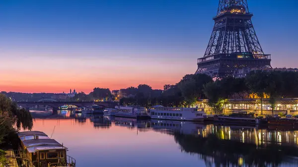 Torre Eiffel Río Sena Noche Día Timelapse Transición Antes Del — Foto de Stock