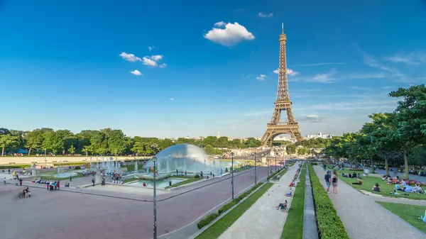 Paris Fransa Daki Jardins Trocadero Daki Fıskiyeli Eyfel Kulesi Zaman — Stok fotoğraf