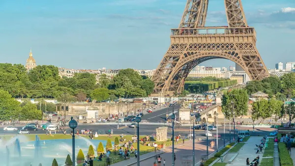 Widok Lotu Ptaka Wieży Eiffla Fontanną Jardins Trocadero Paryżu Długie — Zdjęcie stockowe