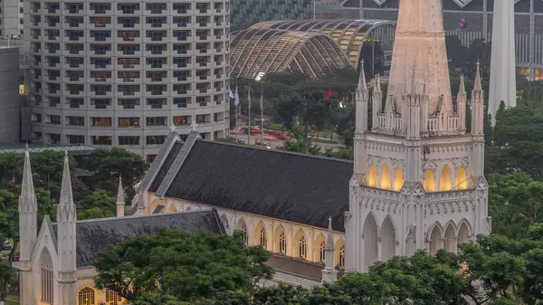 Andrew Cathedral Aerial Day Night Transition Timelapse Anglican Cathedral Singapore — Stock Photo, Image