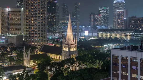 Andrew Cathedral Aerial Night Timelapse Anglican Cathedral Singapore Country Largest — Stock Photo, Image