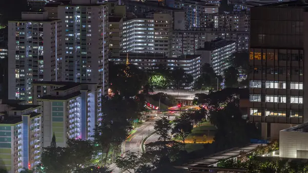 Aerial Skyline Apartment Buildings Skyscrapers Singapore Night Timelapse Traffic Streets — Stock Photo, Image