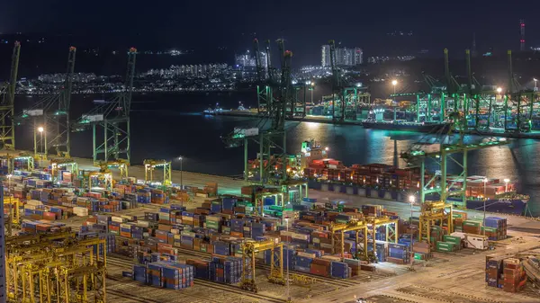 Commercial Port Singapore Night Timelapse Panoramic View Busiest Asian Cargo — Stock Photo, Image