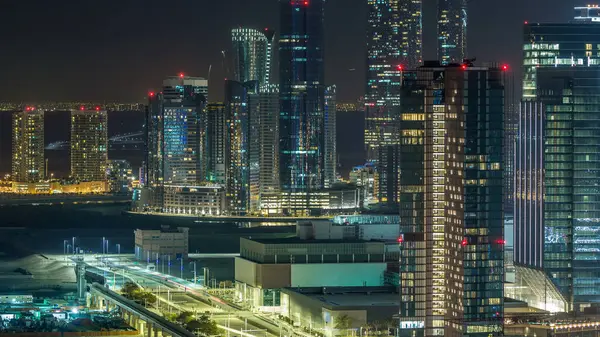 Luchtfoto Skyline Van Abu Dhabi Centrum Van Boven Nacht Timelapse — Stockfoto