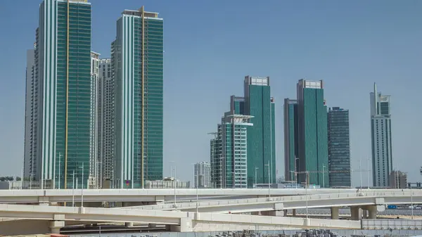 Modern Buildings Maryah Island Abu Dhabi Skyline Timelapse Overpath Traffic — Stock Photo, Image