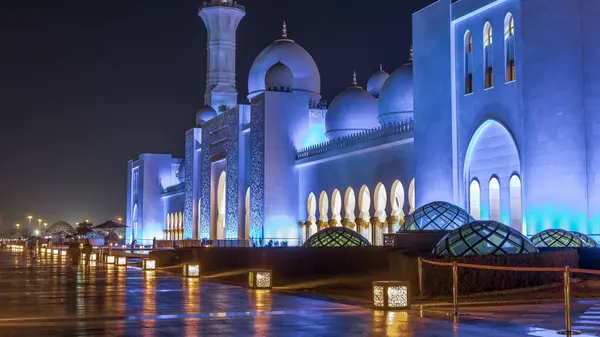 Sheikh Zayed Grand Mosque Illuminated Night Timelapse Abu Dhabi Uae — Stock Photo, Image
