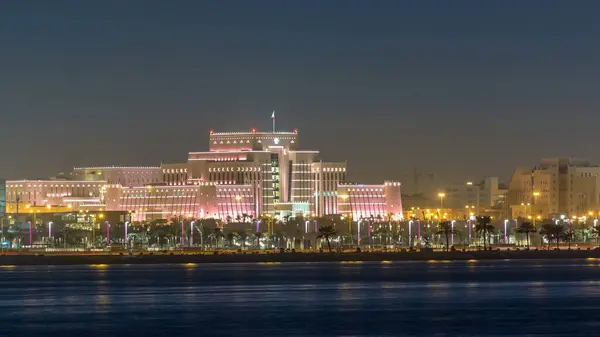 Doha Skyline Ministry Interior Illuminated Night Timelapse View Corniche Reflection — Stock Photo, Image