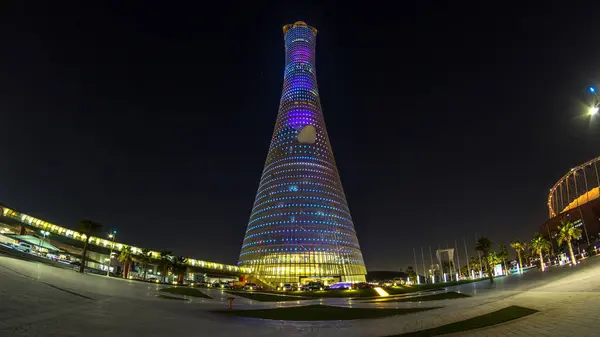 Aspire Tower Torch Hotel Timelapse Doha Sports City Night Doha — Stock Photo, Image