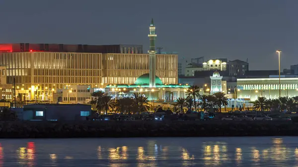 Shouyoukh Mosque Clock Tower Illuminated Night Timelapse Doha Capital Qatar — Stock Photo, Image