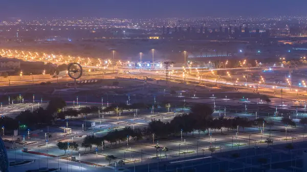 Aerial View Aspire Zone Top Night Day Timelapse Doha Traffic — Stock Photo, Image