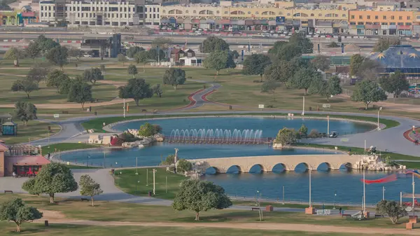 Bridge Fountain Lake Aspire Park Timelapse Doha Qatar Aerial Top — Stock Photo, Image