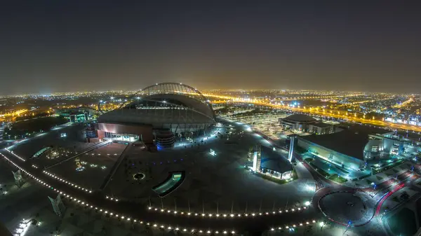 Aerial View Aspire Zone Top Night Day Timelapse Doha Traffic — Stock Photo, Image