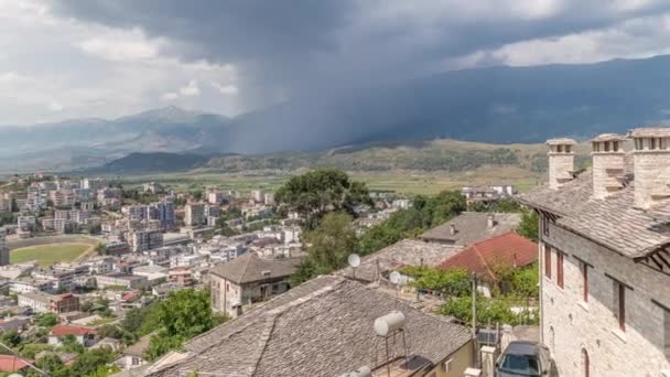 Panorama Ukazující Město Gjirokastra Pohledu Mnoha Typických Historických Domů Kamennými — Stock video