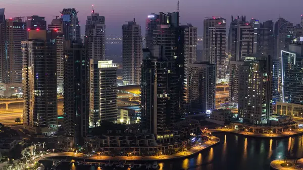Dubai Jachthaven Met Boten Jacht Panorama Van Nacht Tot Dag — Stockfoto