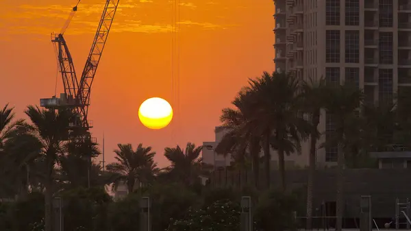 Solnedgång Dubai Downtown Timelapse Med Torn Och Kranar Dubai Med — Stockfoto