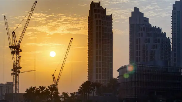 Sunset Dubai Downtown Timelapse Towers Cranes Dubai Golden Silhouette Downtown — Stock Photo, Image