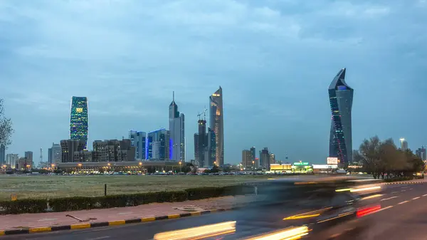 Ciudad Kuwait Horizonte Con Rascacielos Día Noche Timelapse Transición Centro — Foto de Stock