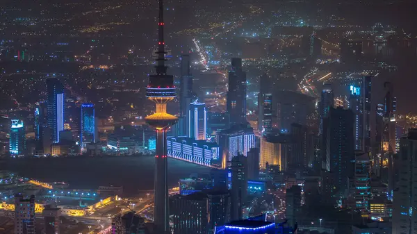 Top View Liberation Tower Timelapse Kuwait City Illuminated Night Traffic — Stock Photo, Image