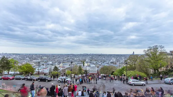 Paris Panoramic Aerial View Top Montmartre Clouds Timelapse Crowd People — Stock Photo, Image