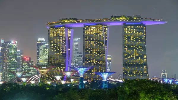 Marina Bay Sands, bulut orman, koy bahçelerle kubbe ve supertrees gece timelapse hyperlapse çiçek. Marina barrage üzerinden üstten görünüm