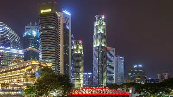 Singapore Business District Skyscrapers Night Time Water Reflections Timelapse Hyperlapse — Stock Photo, Image