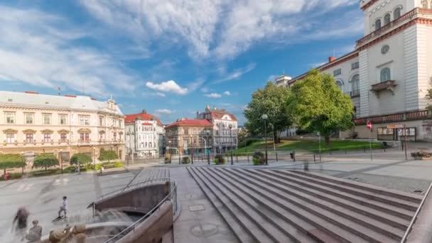 Panorama Mit Schloss Sulkowski Und Brunnen Auf Dem Chrobry Platz — Stockvideo