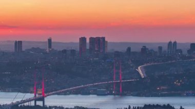Istanbul city skyline cityscape time lapse from day to night aerial view of bosphorus bridge 15th July Martyrs Bridge and financial business center from Camlica hill. Traffic on the bridge and ship