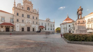 Panorama showing Sa da Bandeira Square with a view of the Santarem See Cathedral aka Nossa Senhora da Conceicao Church timelapse, built in the 17th century Mannerist style. Walking area. Portugal clipart